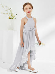 Abiti Damigella Junior Linea A Asimmetrica Con Fiore Argento