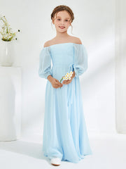 Abiti Damigella Junior Lunghi In Chiffon Senza Spalline Blu Cielo