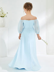 Abiti Damigella Junior Lunghi In Chiffon Senza Spalline Blu Cielo