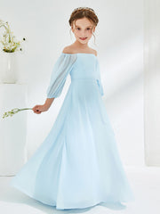 Abiti Damigella Junior Lunghi In Chiffon Senza Spalline Blu Cielo