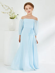 Abiti Damigella Junior Lunghi In Chiffon Senza Spalline Blu Cielo