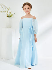 Abiti Damigella Junior Lunghi In Chiffon Senza Spalline Blu Cielo