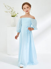 Abiti Damigella Junior Lunghi In Chiffon Senza Spalline Blu Cielo