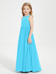 Abiti Damigella Junior Lunghi Top In Pizzo Trasparente Blu Piscina