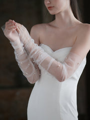 Guanti Da Sposa Lunghi Con Maniche Trasparenti Color Avorio E Perle