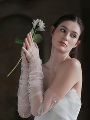 Guanti Da Sposa Lunghi Con Maniche Trasparenti Color Avorio E Perle