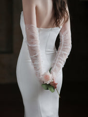 Guanti Da Sposa Lunghi Con Maniche Trasparenti Color Avorio E Perle