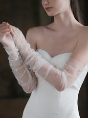 Guanti Da Sposa Lunghi Con Maniche Trasparenti Color Avorio E Perle