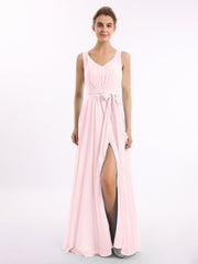 Abito in chiffon con scollo a V fascia a fiocco e spacco Rosa Cipria