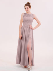 Abito in Pizzo e Chiffon Scollo Illusion con Spacco Malva Vintage