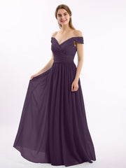 Abito in chiffon con corpetto in pizzo e maniche a cuffia Prugna