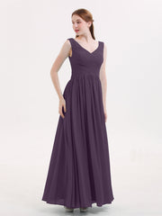 Abito Maxi in Chiffon Scollo a V con Zip Posteriore Prugna