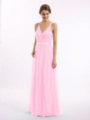 Abito Lungo in Tulle Scollo a V con Fascia in Raso Rosa Bonbon