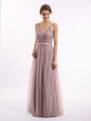 Abito Lungo in Tulle Scollo a V con Fascia in Raso Malva Vintage