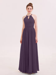 Abito Lungo da Damigella in Chiffon Scollo all'Americana Prugna
