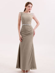 Abito a Tubino in Chiffon con Cintura Decorata con Perline Tortora