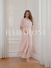 Abito Lungo Da Damigella In Chiffon Con Maniche Sbuffo Corallo